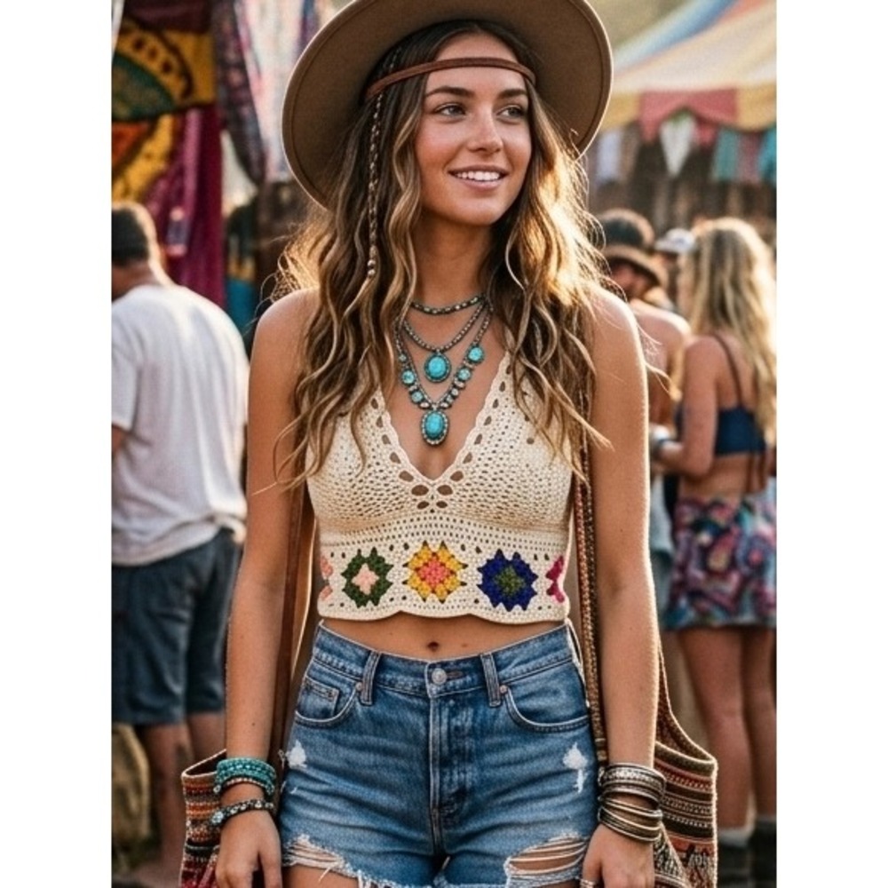 Wowo Crochet Halter Crop Top Cream Boho Granny Square Floral Festival Size Large
